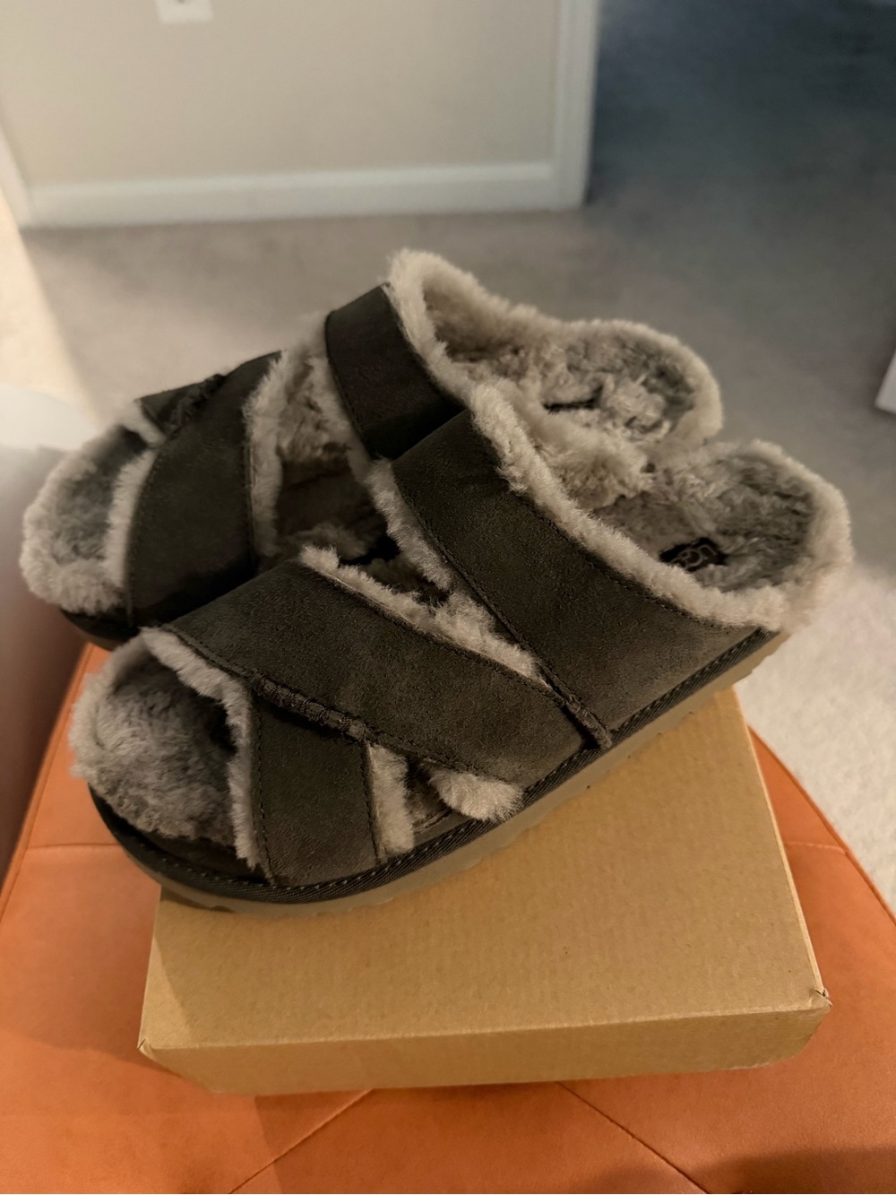 UGG women’s Plush Slide Sandals in Dark Gray